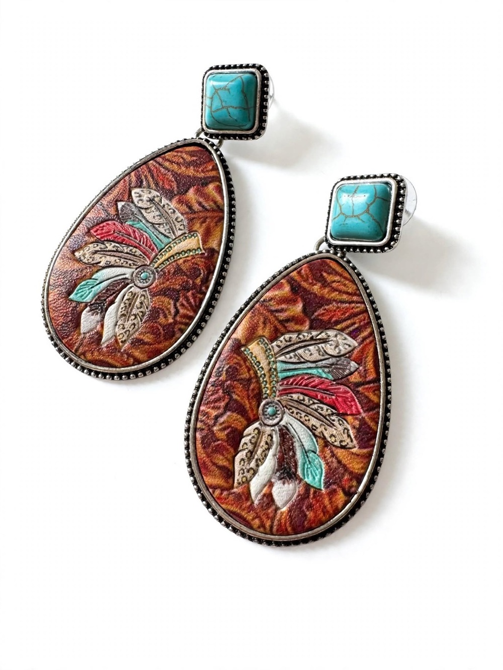 Handcrafted Leather Indian Chief Headdress Earrings with Howlite Gemstones